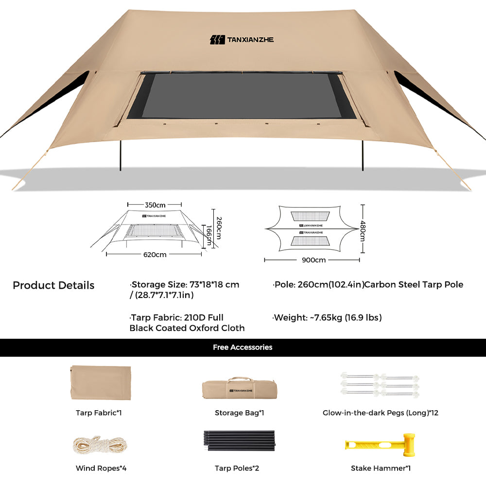 TANSTRIDER Quick Setup Large Camping Canopy, Two Step Easy Tarp as Simple as Opening an Umbrella, Big Sunshade with Panoramic Mesh Windows, for Family Camping, Garden, Beach, Party, Khaki