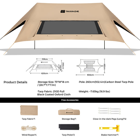 TANSTRIDER Quick Setup Large Camping Canopy, Two Step Easy Tarp as Simple as Opening an Umbrella, Big Sunshade with Panoramic Mesh Windows, for Family Camping, Garden, Beach, Party, Khaki