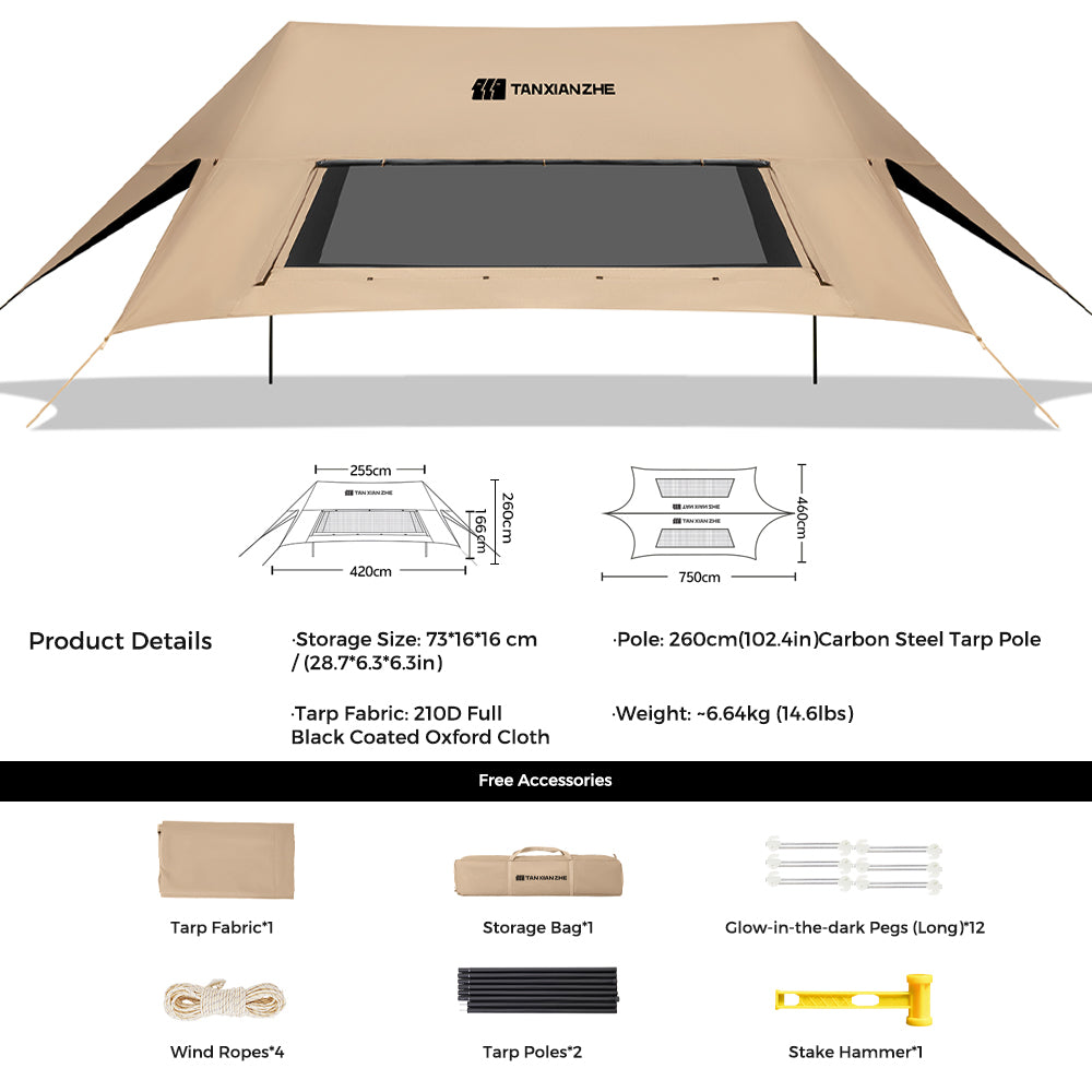 TANSTRIDER Quick Setup Large Camping Canopy, Two Step Easy Tarp as Simple as Opening an Umbrella, Big Sunshade with Panoramic Mesh Windows, for Family Camping, Garden, Beach, Party, Khaki