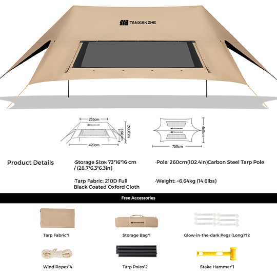 TANSTRIDER Quick Setup Large Camping Canopy, Two Step Easy Tarp as Simple as Opening an Umbrella, Big Sunshade with Panoramic Mesh Windows, for Family Camping, Garden, Beach, Party, Khaki