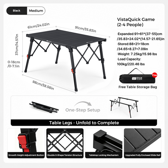 Folding Camping Table, One-Step Setup Height-Adjustable Aluminum Roll-Up Table, Adjustable Height, Double X-Shape Tension Structure, Holds 100kg, Foldable with Storage Bag, 2-6 Person, for Camping, Picnic, Beach, BBQ, Outdoor