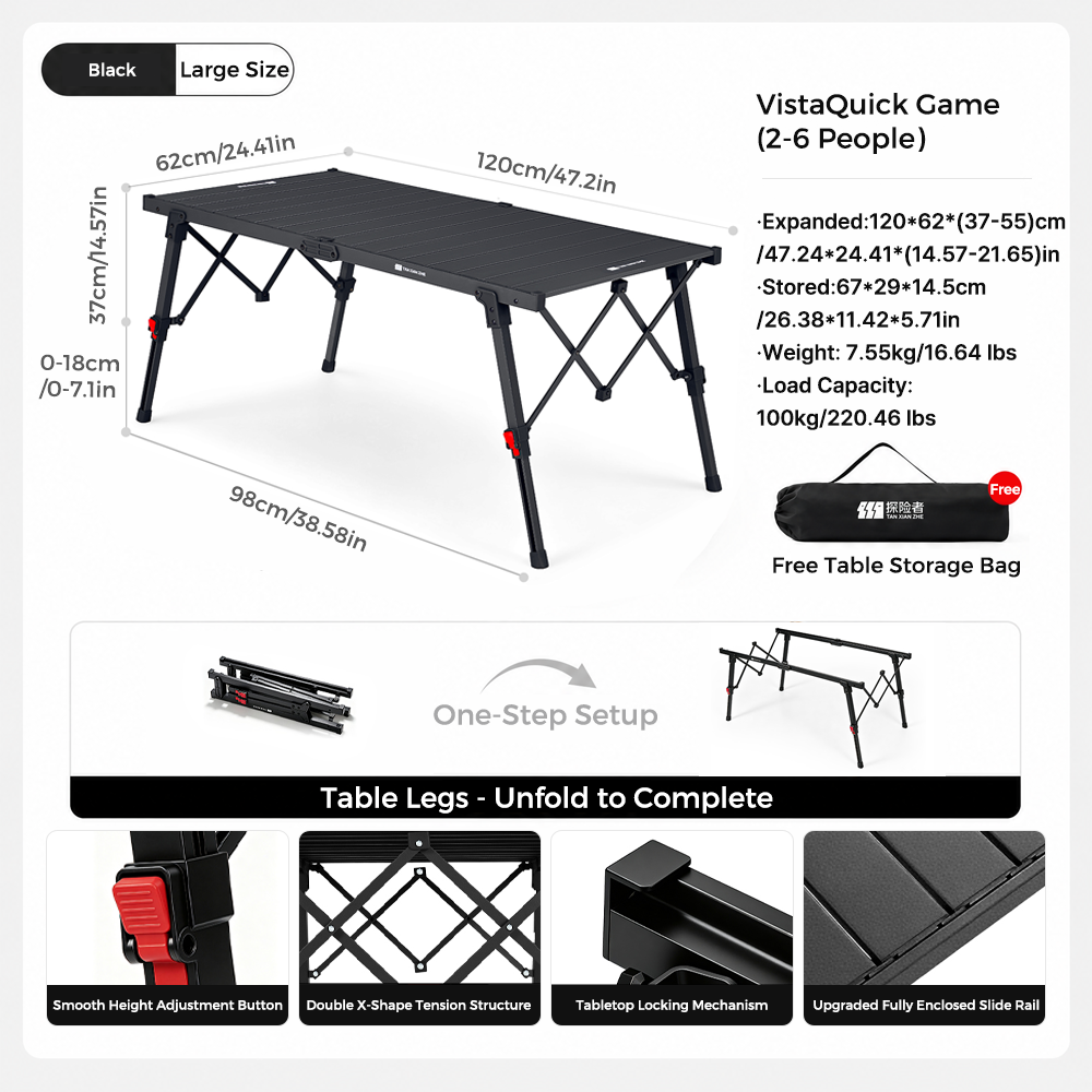 Folding Camping Table, One-Step Setup Height-Adjustable Aluminum Roll-Up Table, Adjustable Height, Double X-Shape Tension Structure, Holds 100kg, Foldable with Storage Bag, 2-6 Person, for Camping, Picnic, Beach, BBQ, Outdoor