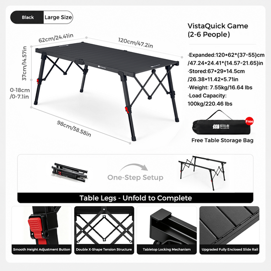 Folding Camping Table, One-Step Setup Height-Adjustable Aluminum Roll-Up Table, Adjustable Height, Double X-Shape Tension Structure, Holds 100kg, Foldable with Storage Bag, 2-6 Person, for Camping, Picnic, Beach, BBQ, Outdoor