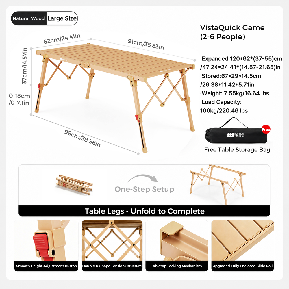 Folding Camping Table, One-Step Setup Height-Adjustable Aluminum Roll-Up Table, Adjustable Height, Double X-Shape Tension Structure, Holds 100kg, Foldable with Storage Bag, 2-6 Person, for Camping, Picnic, Beach, BBQ, Outdoor