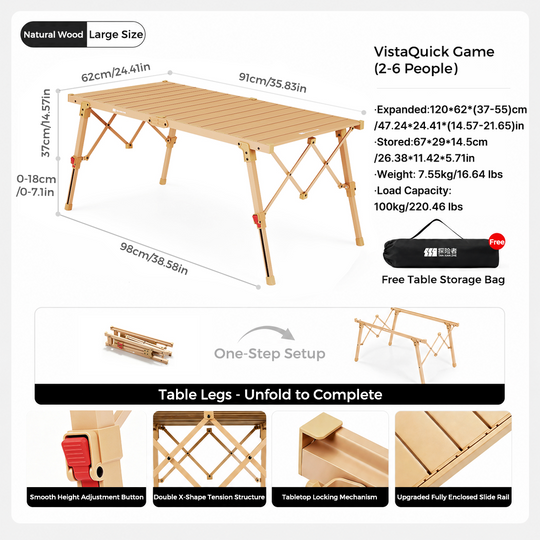 Folding Camping Table, One-Step Setup Height-Adjustable Aluminum Roll-Up Table, Adjustable Height, Double X-Shape Tension Structure, Holds 100kg, Foldable with Storage Bag, 2-6 Person, for Camping, Picnic, Beach, BBQ, Outdoor